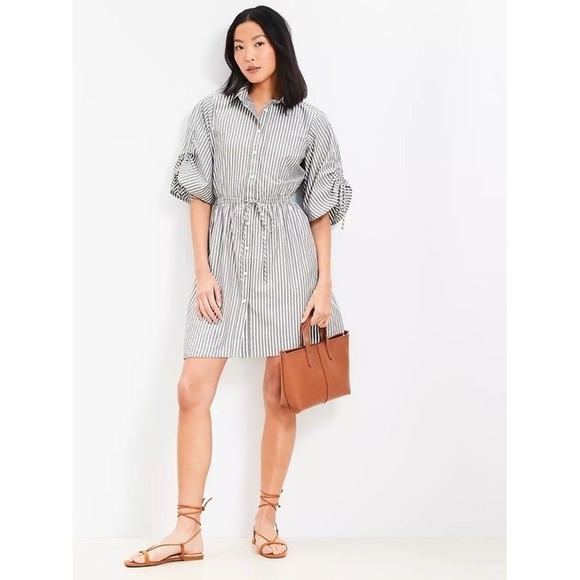LOFT Striped Poplin Shirtdress Size 6 Tie Waist Mini Cotton - Picture 3 of 14